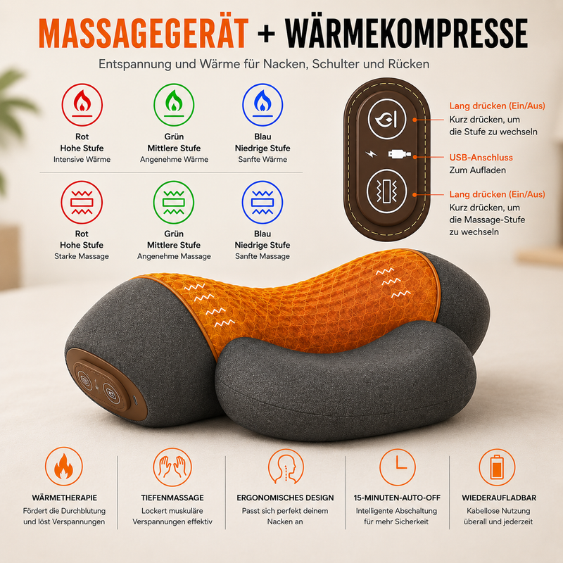 Bedienelemente des ASHLENO Nackenkissens: Wärme- und Vibrationsstufen in Rot, Grün und Blau, USB-Anschluss